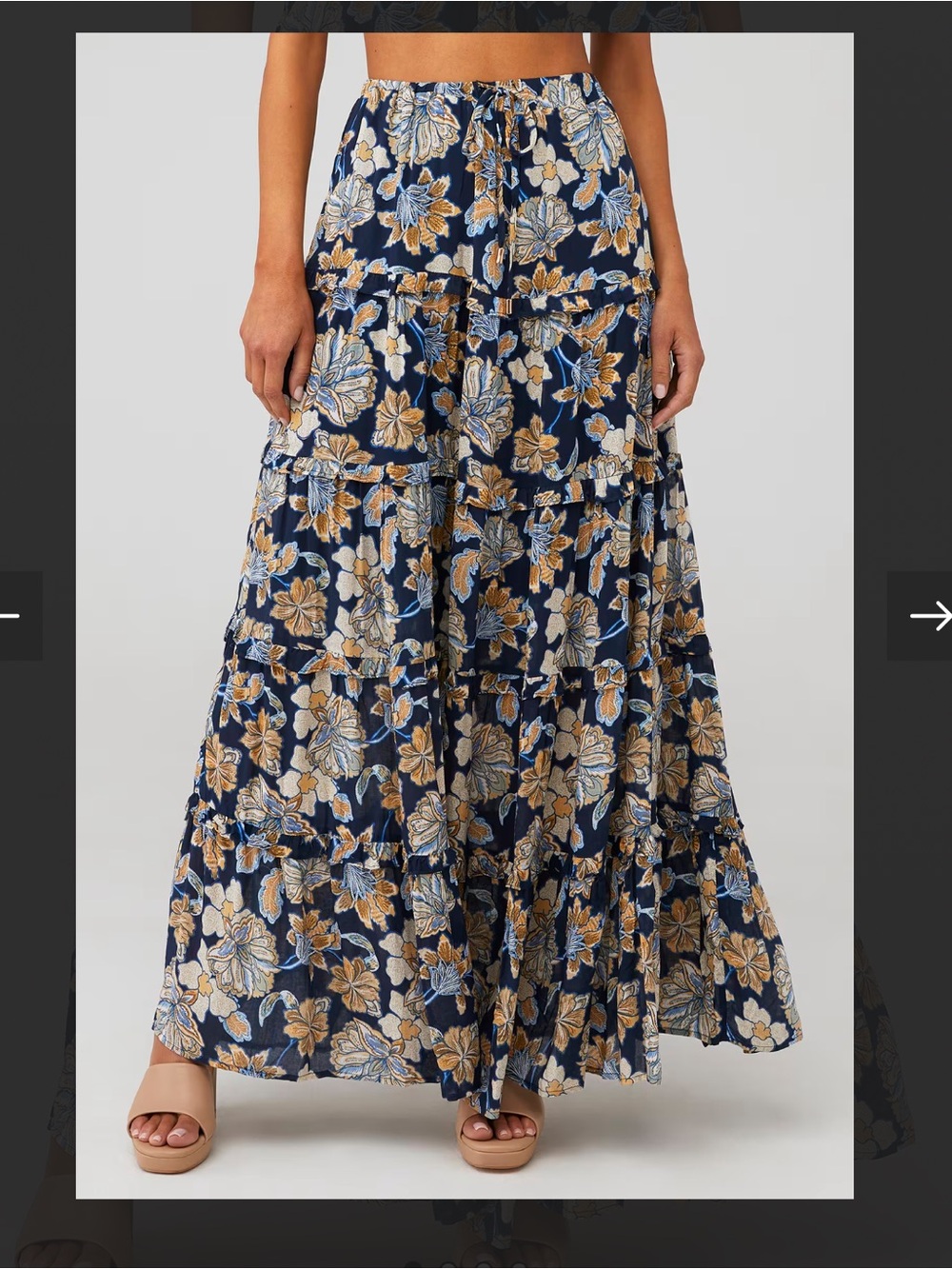 MINKPINK Navy Floral Tiered Maxi Skirt with Beige & Blue Accents